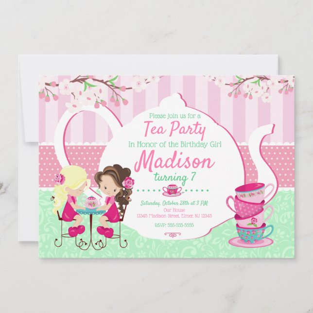 Invitation Tea Party Anniversaire / Fille / Pink Turquoise (Devant)