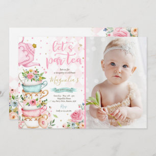 Invitation Tea Party Anniversaire Fille Rose & Or Floral Par