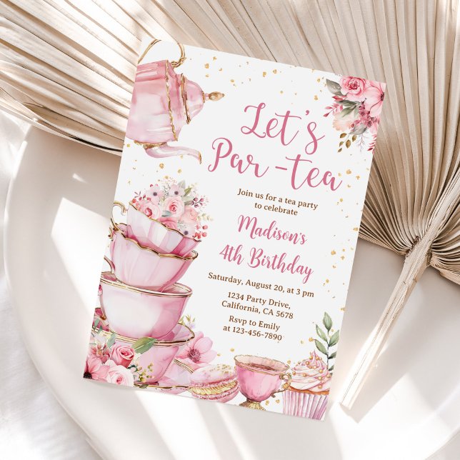 Invitation Tea Party Anniversaire Fille Rose & Or Floral Par  (Créateur téléchargé)