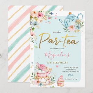 Invitation Tea Party Anniversaire Fille Rose & Or Floral Par 