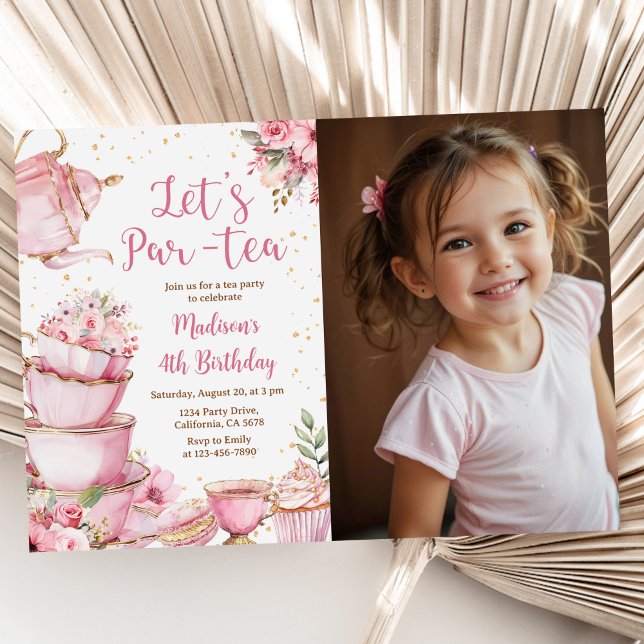Invitation Tea Party Anniversaire fille rose & or photo flora (Créateur téléchargé)