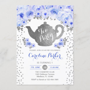 Invitation Tea Party Anniversaire - Florale Bleue Bleue Argen