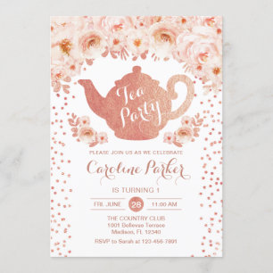 Invitation Tea Party Anniversaire - Florale Rose Gold White P