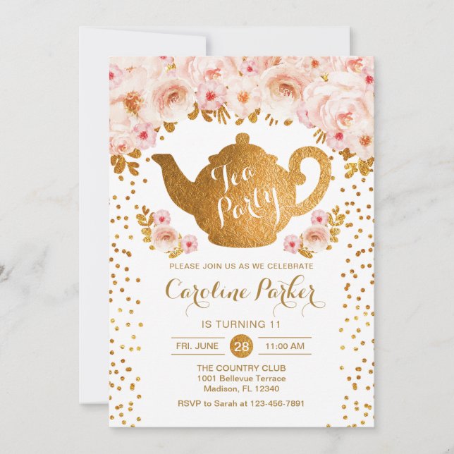 Invitation Tea Party Anniversaire - Gold White (Devant)