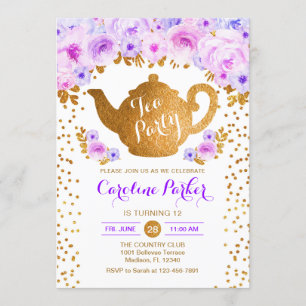 Invitation Tea Party Anniversaire - Gold White Purple