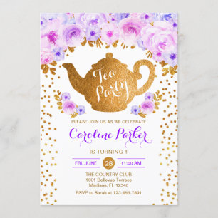 Invitation Tea Party Anniversaire - Gold White Purple Floral