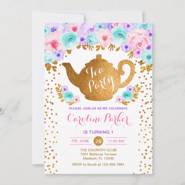Invitation Tea Party Anniversaire - Gold White Rose Turquoise (Devant)