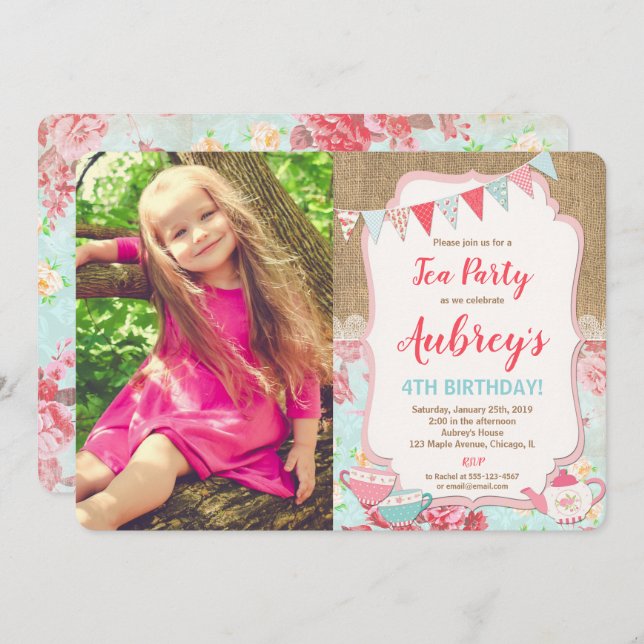 Invitation Tea party anniversaire photo shabby chic burlap gi (Devant / Derrière)