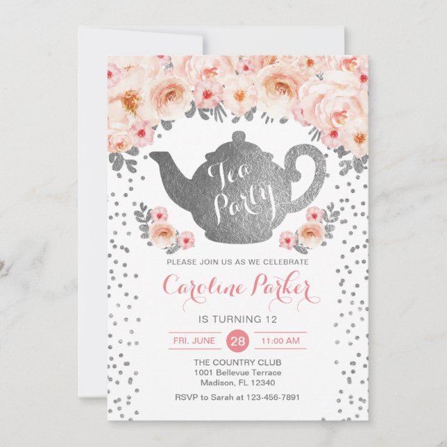 Invitation Tea Party Anniversaire - Silver White Pink (Devant)