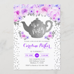 Invitation Tea Party Anniversaire - Silver White Purple Flora