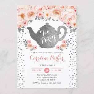 Invitation Tea Party Anniversaire - Silver White Rose Floral