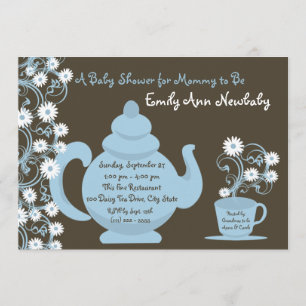 Invitation Tea Party Baby shower bleu et Brown