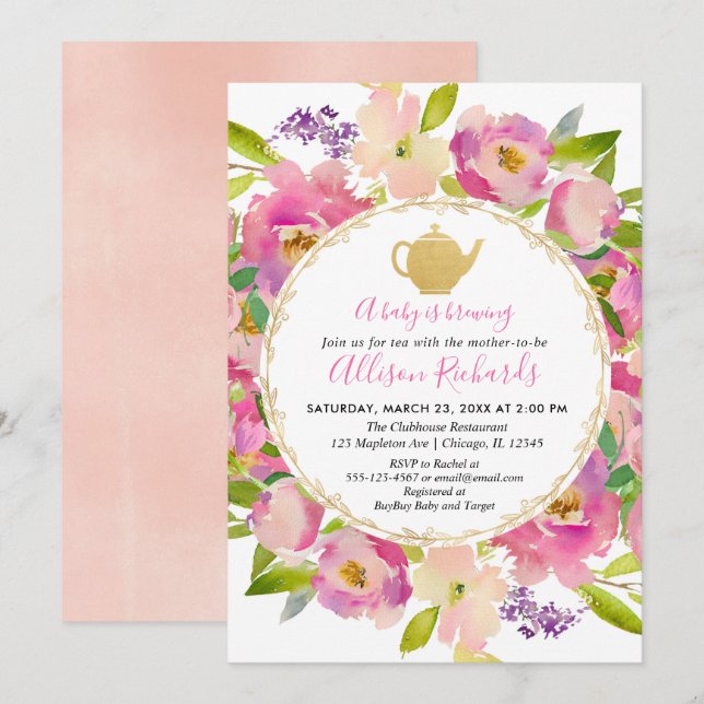 Invitation Tea party baby shower Boho rose pastel (Devant / Derrière)
