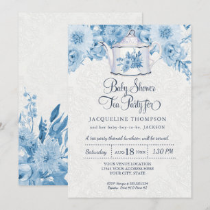 Invitation Tea Party Baby shower Dusty Blue Flowers avec théi