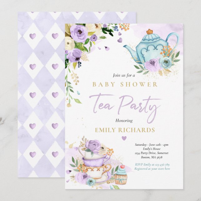 Invitation Tea Party Baby shower fille Lilac Rose bébé brasse (Devant / Derrière)