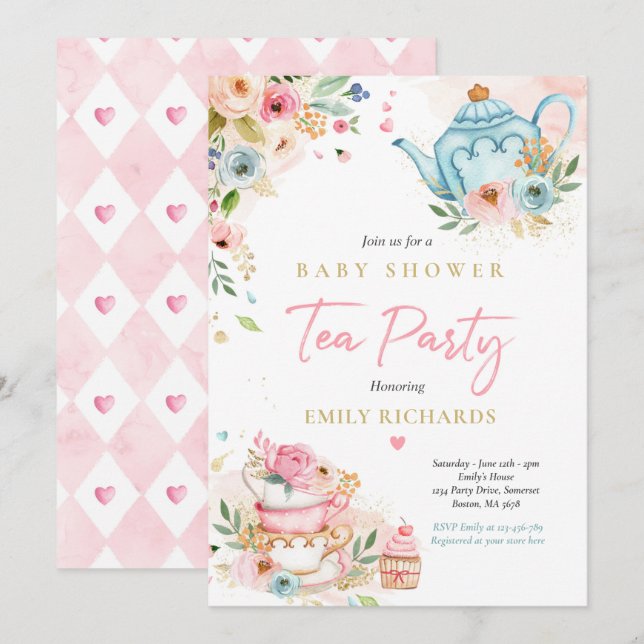 Invitation Tea Party Baby shower fille roses roses rose bébé  (Devant / Derrière)