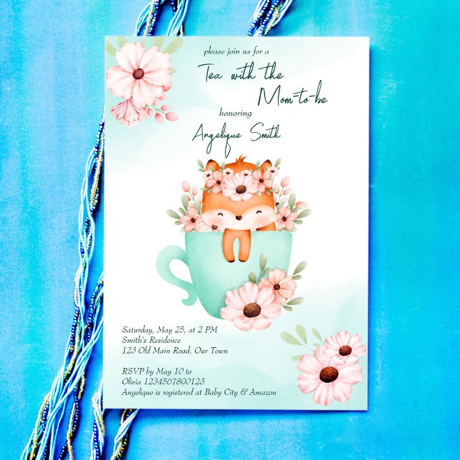 Invitation Tea party baby shower mignon bébé renard dans une  (Créateur téléchargé)