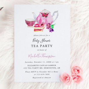 Invitation Tea Party Baby shower mignon Script Teapot rose