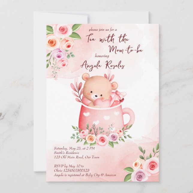 Invitation Tea party baby shower mignon teddy rose dans une t (Devant)