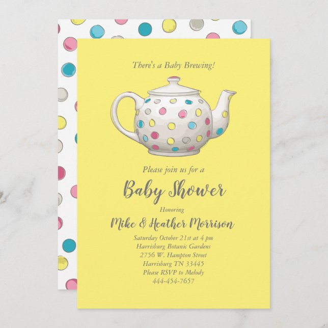 Invitation Tea Party Baby Shower Polka Dot Genre Neutre (Devant / Derrière)