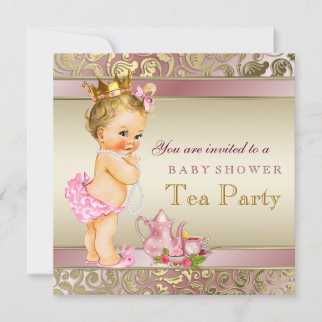 Invitation Tea Party Baby shower rose et or (Devant)