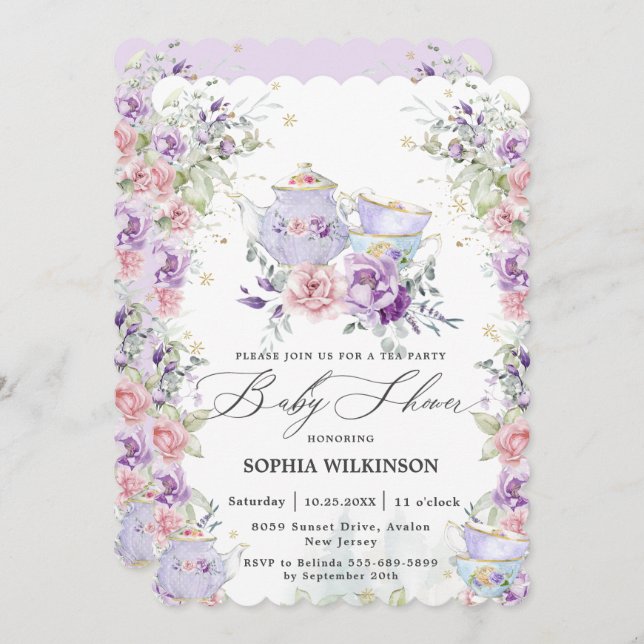 Invitation Tea Party Baby shower rose violet (Devant / Derrière)