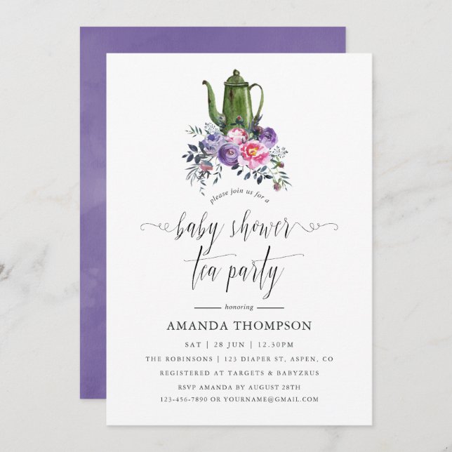 Invitation Tea Party Baby shower violet et rose (Devant / Derrière)