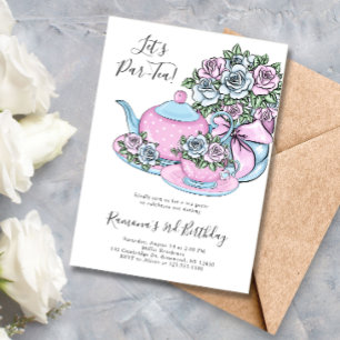Invitation Tea Party bleu rose floral fête d'anniversaire