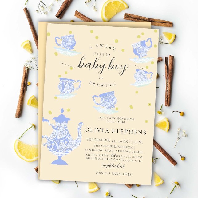 Invitation Tea Party Blue Elegant Boho Lace Baby Boy Douche (Créateur téléchargé)