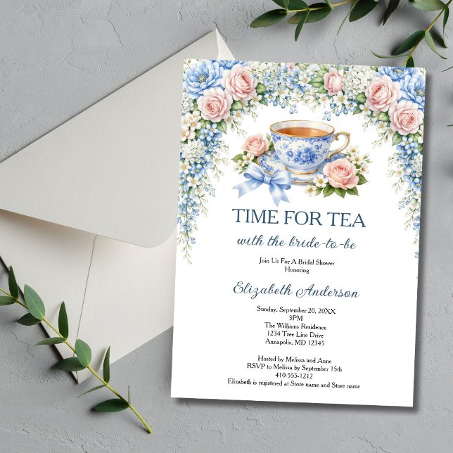 Invitation Tea Party Bridal Shower, Pink Blue Garden Florals (Time For Tea with the Bride to be. Bridal Shower Tea Party Invitation. Pink Blue Florals. )
