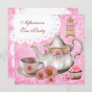 Invitation Tea Party Cupcake Pink Floral Teapot