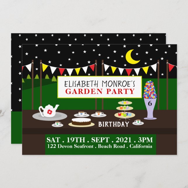 Invitation Tea Party de jardin, fête d'anniversaire (Devant / Derrière)