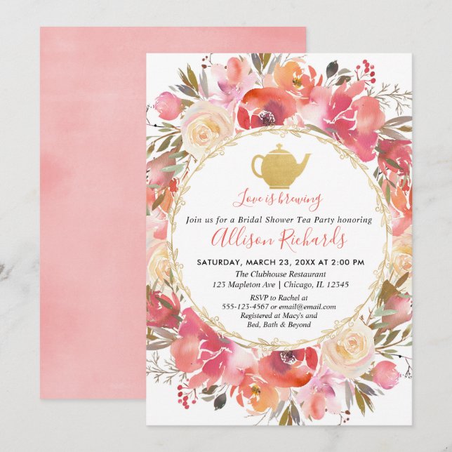 Invitation Tea party douche nuptiale corail blush or rose (Devant / Derrière)