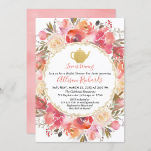 Invitation Tea party douche nuptiale corail blush or rose