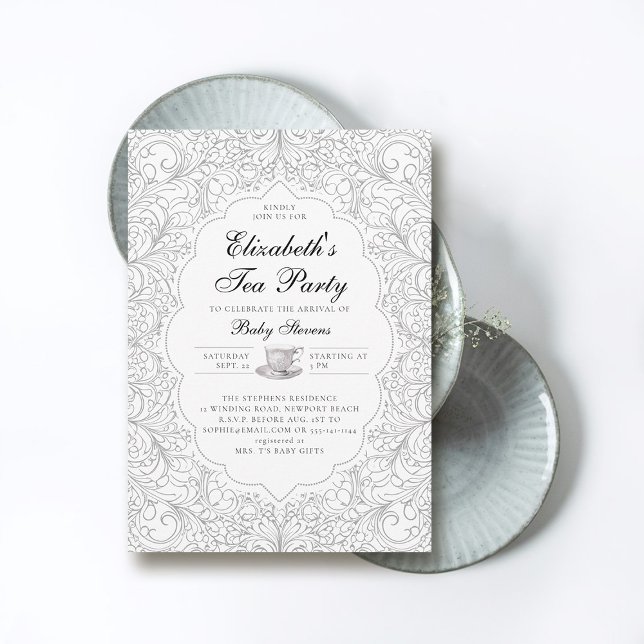 Invitation Tea Party Elégant Baby shower moderne BW dentelle (baby tea party shower invitation elegant frame modern classic chic lace black white)