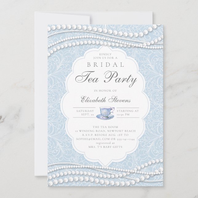 Invitation Tea Party Elegant Lace Pearls Fête des mariées ble (Devant)