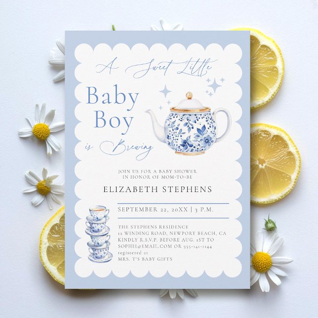 Invitation Tea Party Élégant moderne Sweet Baby garçon douche (boy baby tea party shower invitation elegant frame modern calligraphy sweet watercolor)