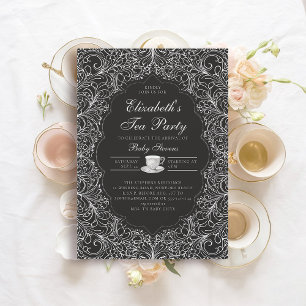 Invitation Tea Party élégante dentelle noir Baby shower blanc