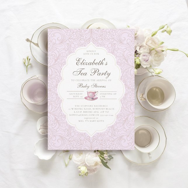 Invitation Tea Party Élégante dentelle pourpre Baby shower fi (girl baby tea party shower invitation elegant frame modern classic lace purple pink brewing)