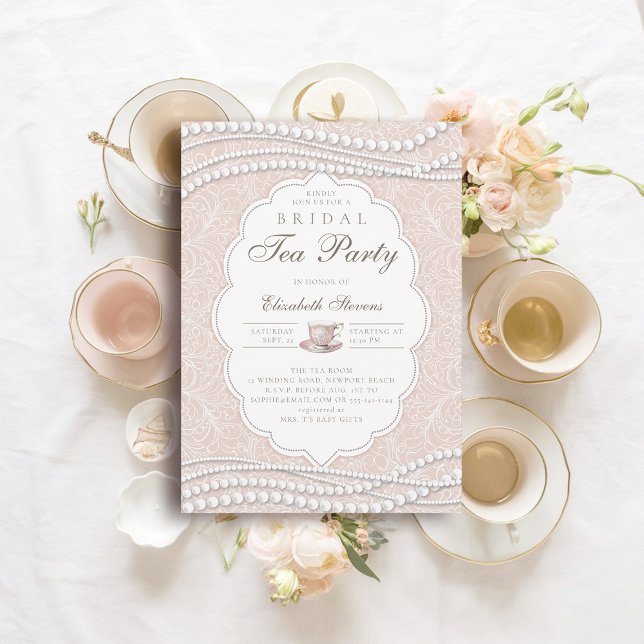 Invitation Tea Party Elégante Lace Pearls Peach Fête des mari (bridal tea shower party invitation lace pearls peach pink elegant modern classic chic)