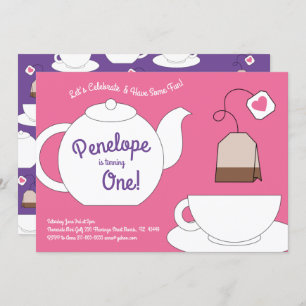 Invitation Tea Party Enfants 1er anniversaire Filles roses et