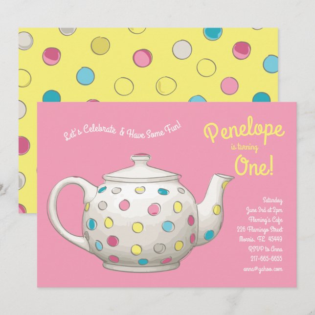 Invitation Tea Party Enfants 1er Anniversaire Polka Dot (Devant / Derrière)
