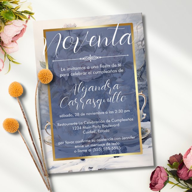 Invitation Tea Party espagnole Chic Blue Gold 90e anniversair (Créateur téléchargé)