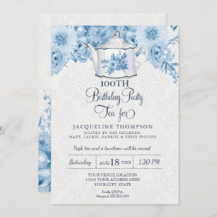Invitation Tea Party fête d'anniversaire Dusty Blue White Flo