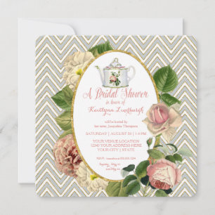 Invitation Tea Party Fête des mariées Chevron Stripes Rose