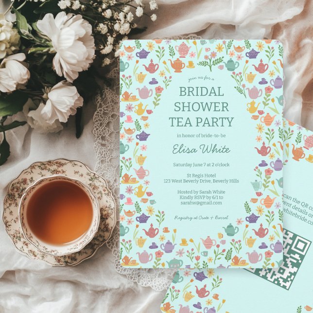 Invitation Tea Party Fête des mariées Cute CUSTOM QR Code (Tea Party Bridal Shower Cute CUSTOM QR Code Invitation
)