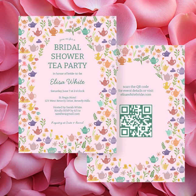Invitation Tea Party Fête des mariées Cute CUSTOM QR Code (Tea Party Bridal Shower Cute CUSTOM QR Code Invitation
)