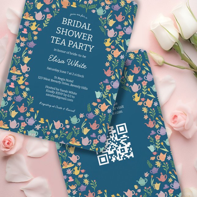 Invitation Tea Party Fête des mariées Cute CUSTOM QR Code (Tea Party Bridal Shower Cute CUSTOM QR Code Invitation
)