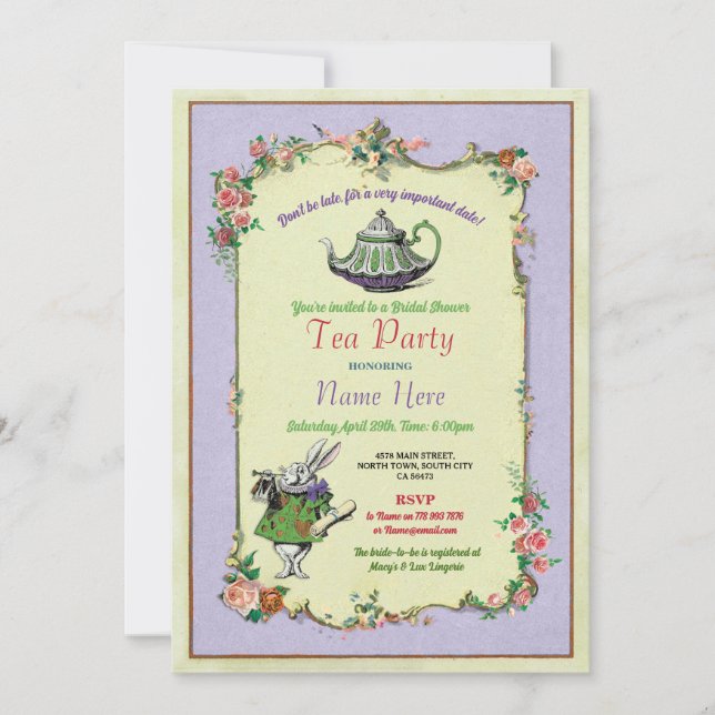 Invitation Tea Party Fête des mariées Wonderland Teapot Rabbi (Devant)