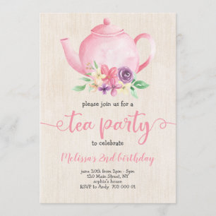 Invitation Tea Party fille Anniversaire rose Aquarelle Rustiq